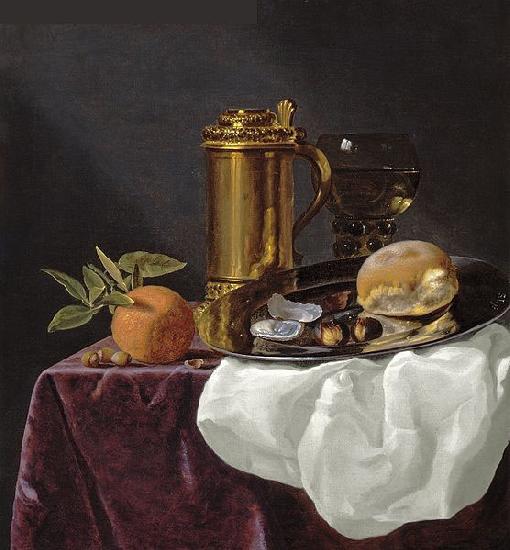 simon luttichuys Tankard with Oysters, Bread and an Orange resting on a Draped Ledge France oil painting art